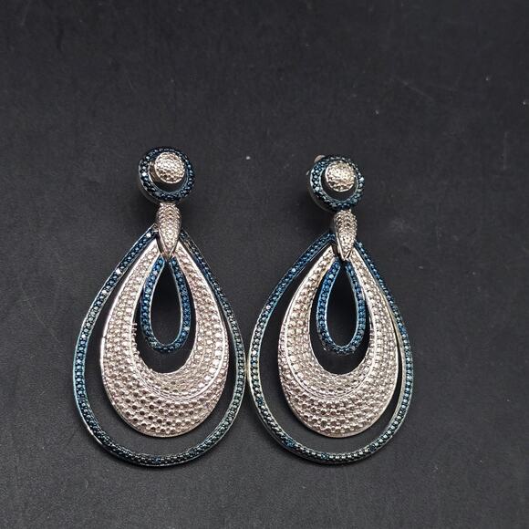 Diamond Chip Navy Blue Silver Tone Earrings SJ BR - Picture 3 of 8